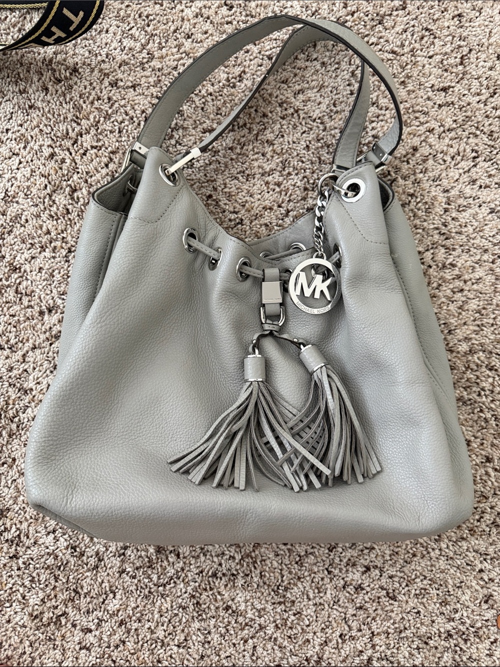 MICHAEL Michael Kors Light Gray Pebbled Leather Tassel Hobo